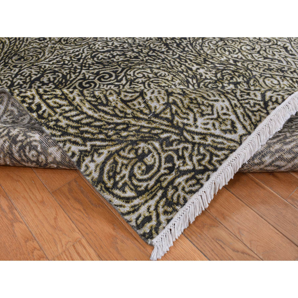 Jet Gray, Hand Knotted, Mughal Influence, Wool With Real Silk Rug, 8'8"x12'3"
