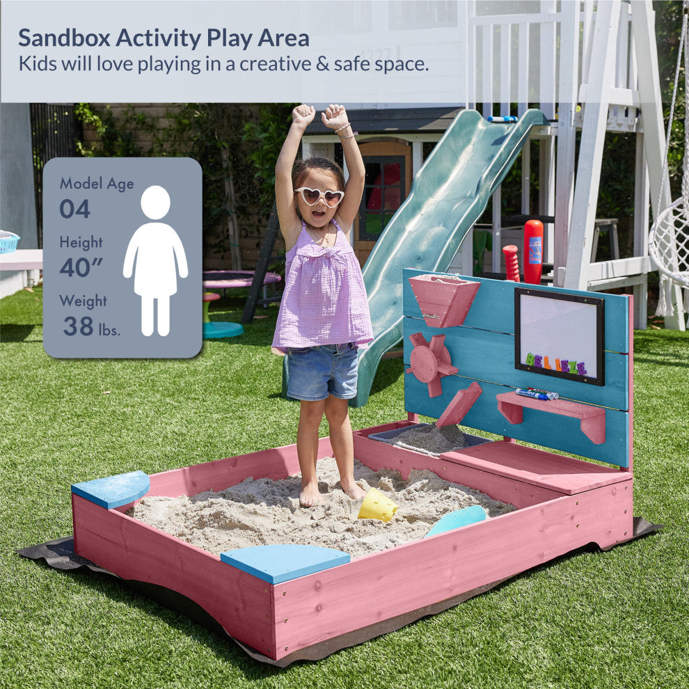 Kids Wooden Sandbox Outdoor Sandpit for Backyard with Cover (Pink)