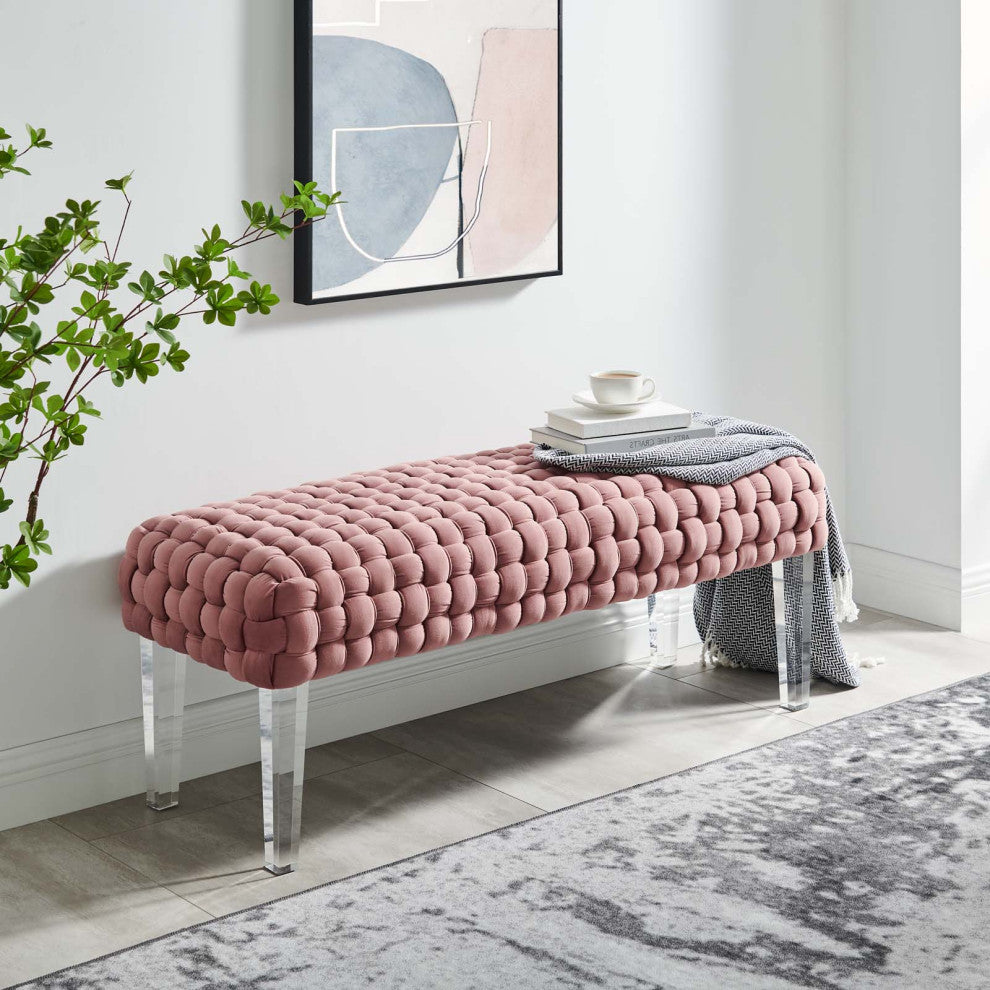 Ottoman Bench, Pink, Velvet, Modern, Mid Century Hotel Lounge Cafe