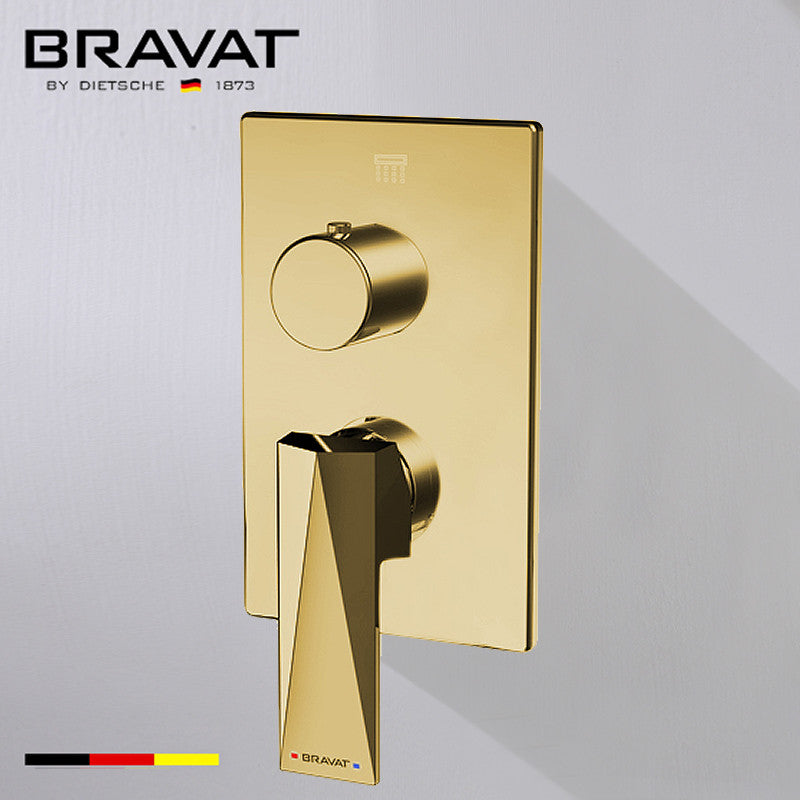 Bravat Brushed Gold Square Shower Set, Valve Mixer 3-Way Concealed Wall Mount