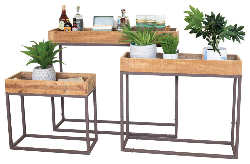 Recycled Wood Console Tray Table 3-Piece Set Rustic Metal