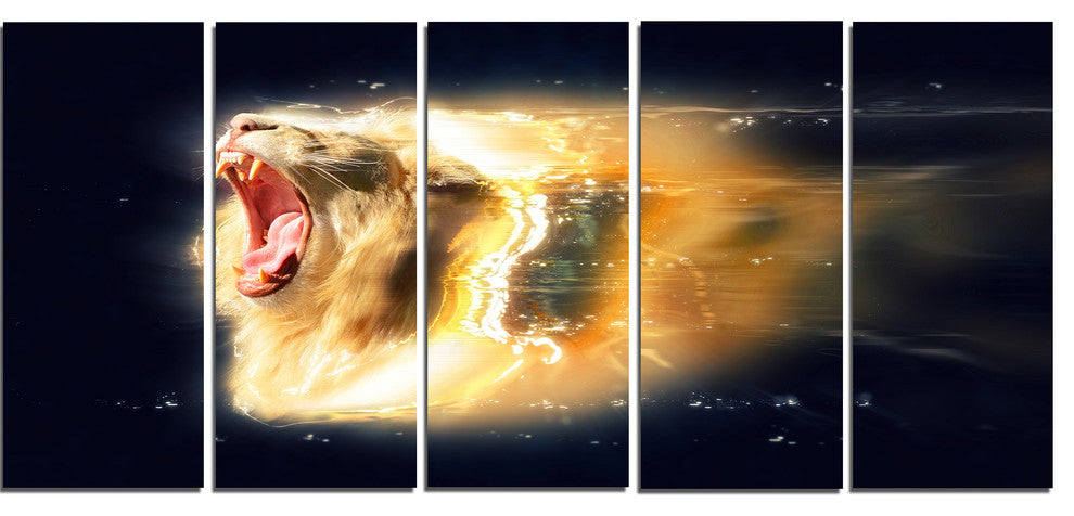 White Lion with Open Jaws, Animal Canvas Wall Art, 60"x28", 5 Panels