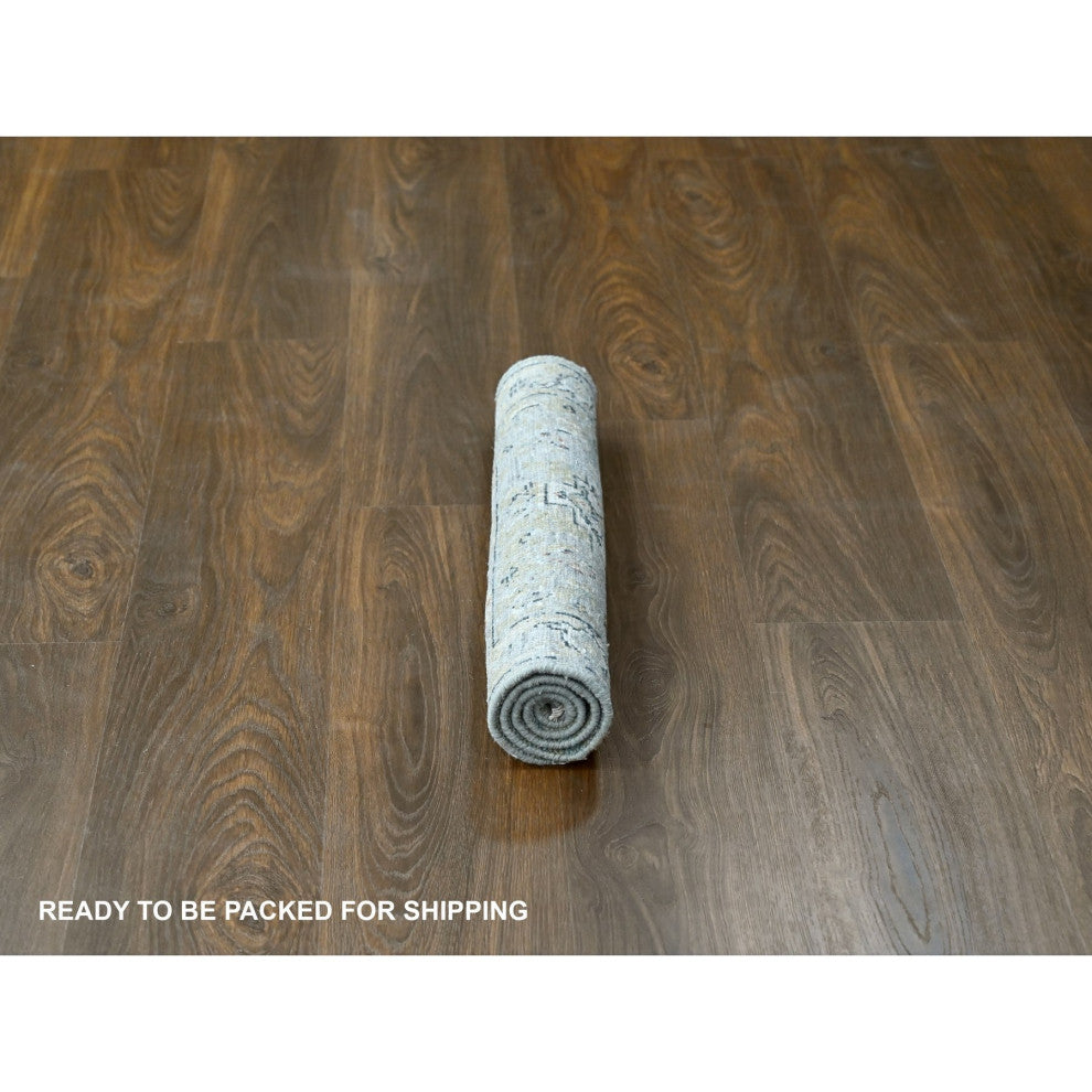 Smoky White Broken And Erased Heris Design Wool Mat Oriental Rug, 2'x3'
