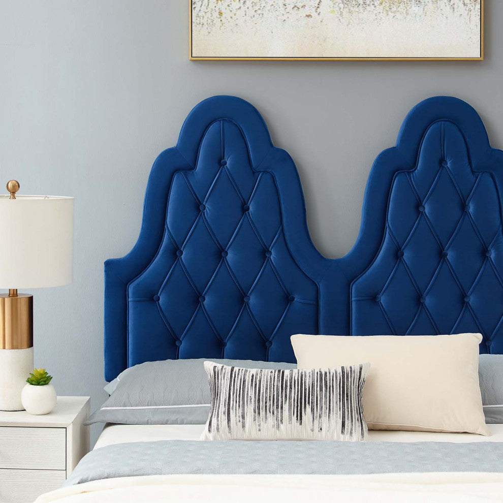 Tufted Platform Bed Frame, Twin Size, Velvet, Blue Navy, Modern Contemporary