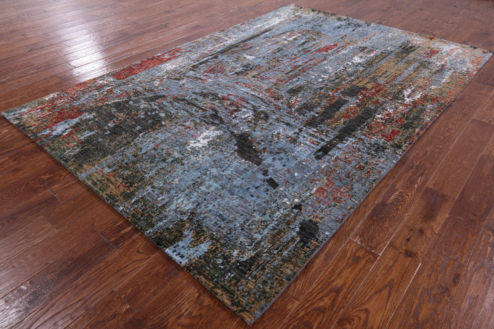 Bridge Design Modern Hand Knotted Wool and Silk Rug 6' 2" X 9' 2" Q6856