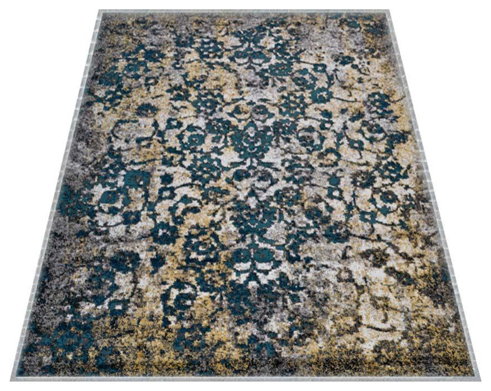Machine Woven Heatset Polypropylene Area Rug Abstract Silver Blue, [Rectangle] 5'x8'