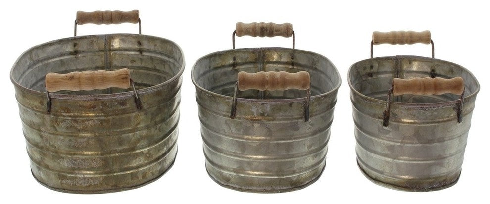 Metal Planter Tubs, Set of 3 Planters With Wooden Handles