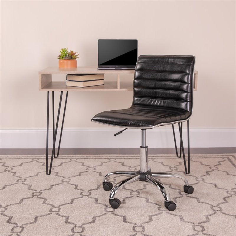 Low Back Designer Armless Ribbed Swivel Task Office Chair, Black