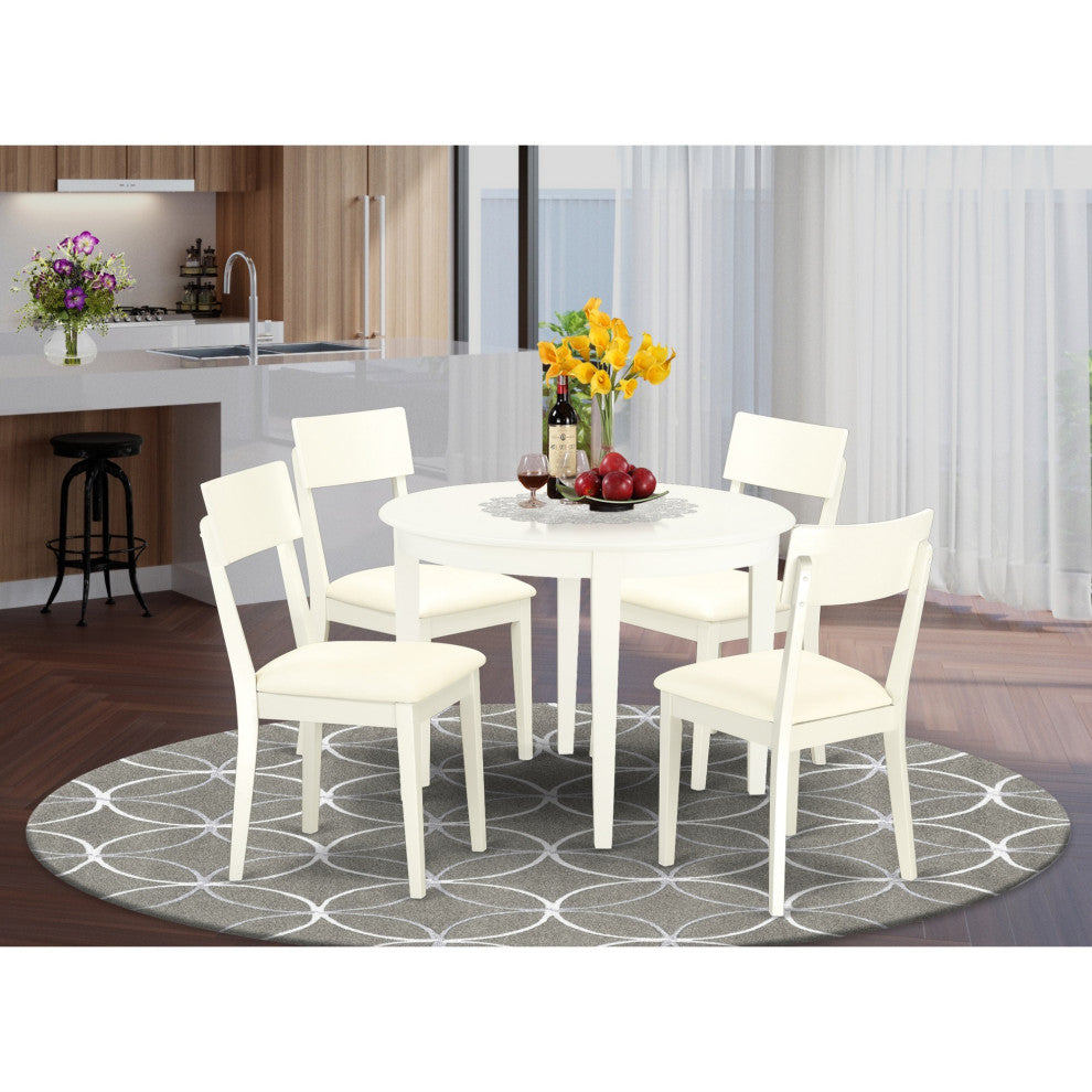 5-Piece Set With Table and 4 Faux Leather Seat Chairs, Linen White