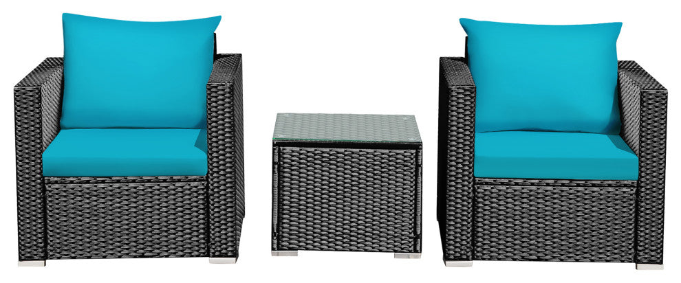 Costway 3PCS Patio Rattan Wicker Furniture Set Sofa Table W/Cushion Turquoise