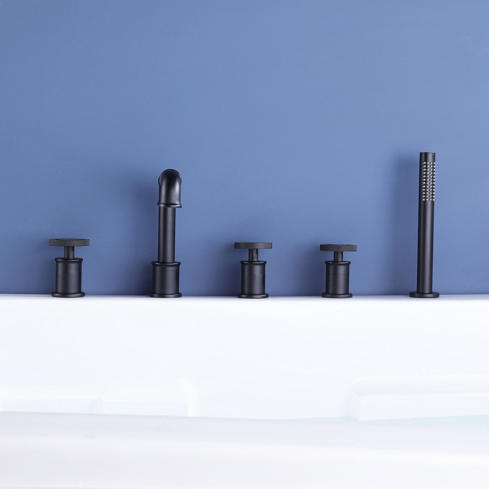 Modern 3-Handle Deck Mounted Roman Tub Faucet With Handshower, Matte Black