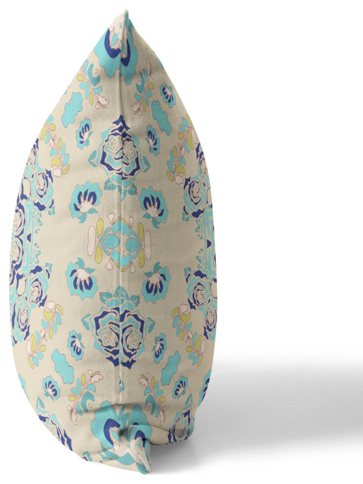 26" Blue Beige Wreath Indoor Outdoor Zippered Throw Pillow