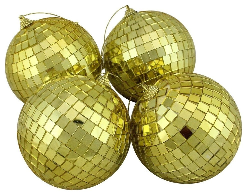 4" Gold Mirrored Glass Disco Ball Christmas Ornaments, Set of 4