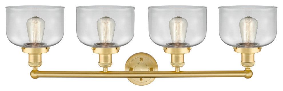 Large Bell 4-Light 34" Bath Vanity Light, Satin Gold Finish, Clear Shade