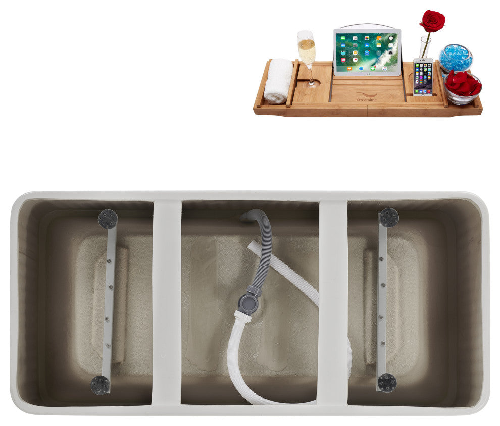59" Streamline N5000BGL Soaking Freestanding Tub, Tray, Drain, Brushed Gold