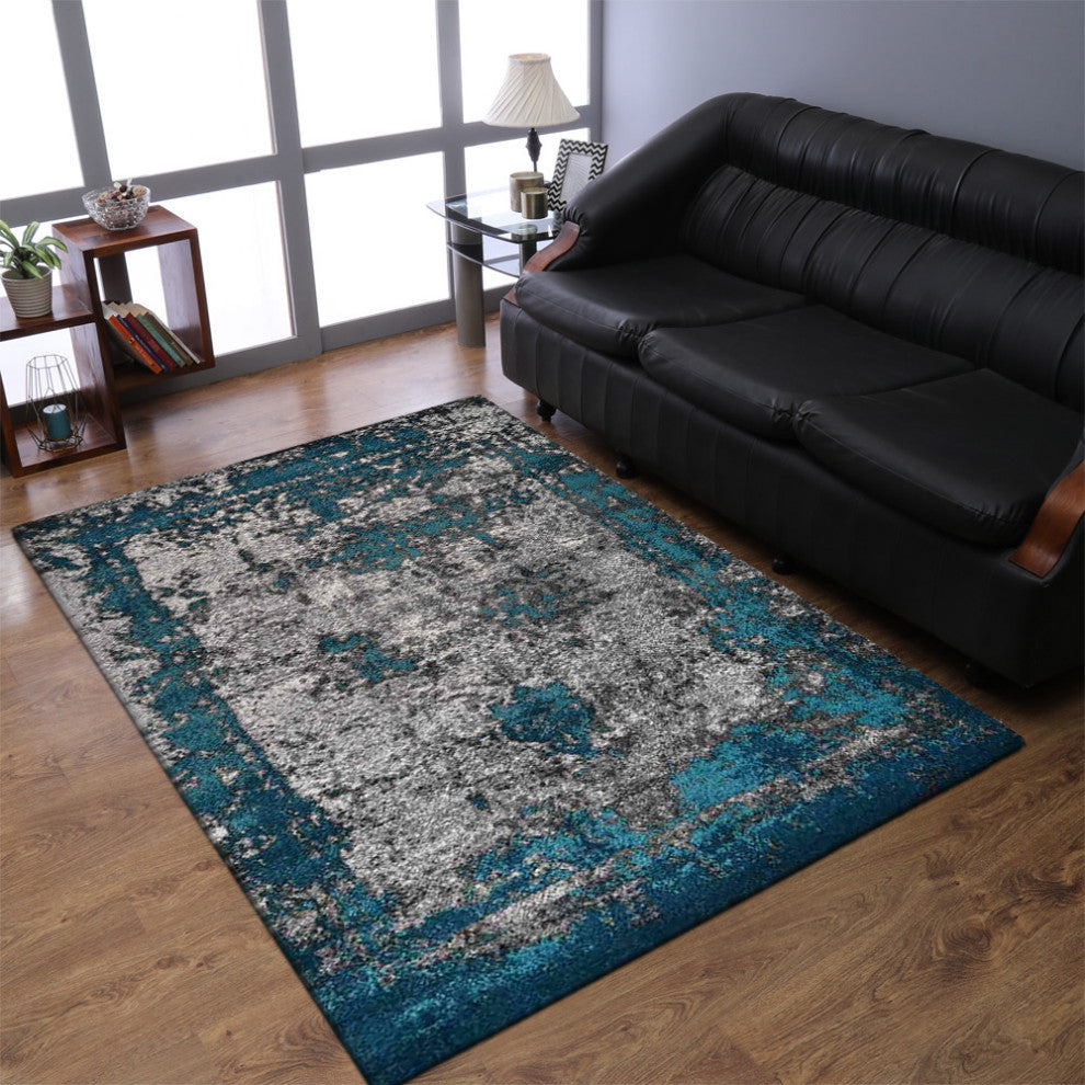 Machine Woven Heatset Polypropylene Area Rug Abstract Ivory Blue, [Rectangle] 10'x13'