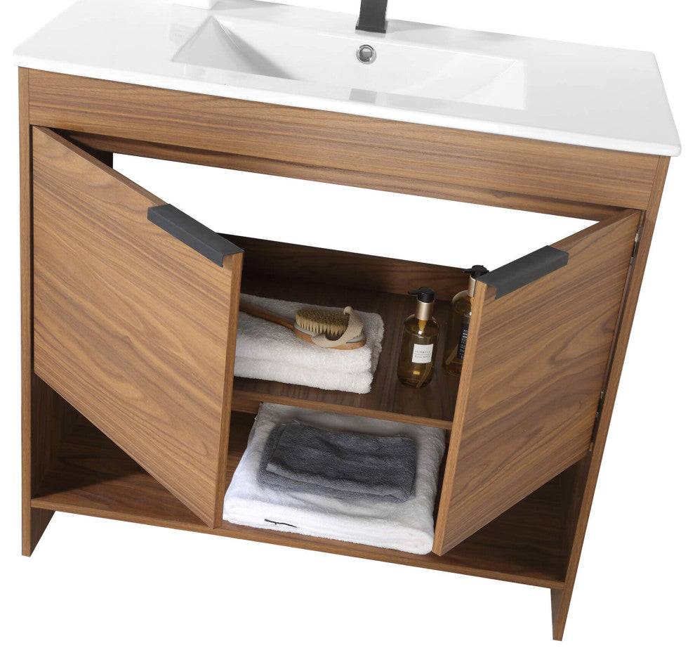 Phoenix Bath Vanity With Ceramic Sink - Full Assembly Required, Walnut, 36 Inch