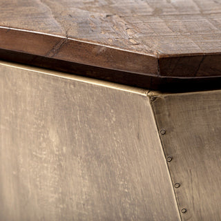 Esagono Octagonal Gold Metal-Clad Reclaimed Wood End/Side Table With Storage