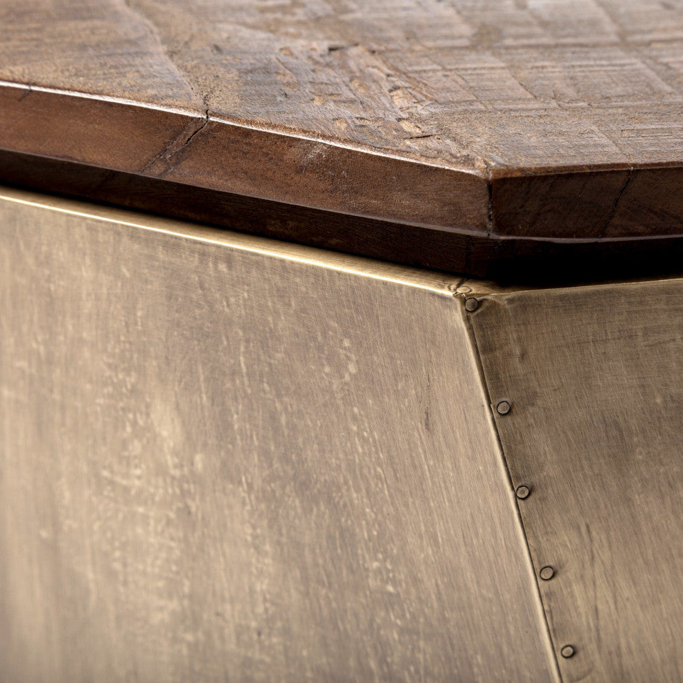 Esagono Octagonal Gold Metal-Clad Reclaimed Wood End/Side Table With Storage