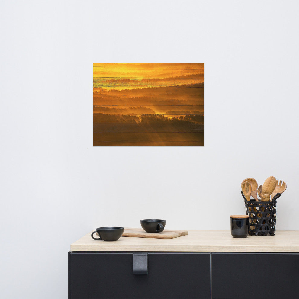 Faux Wood Golden Mist Valley - Hills & Mountain Range Wall Art Prints, 18" X 24"