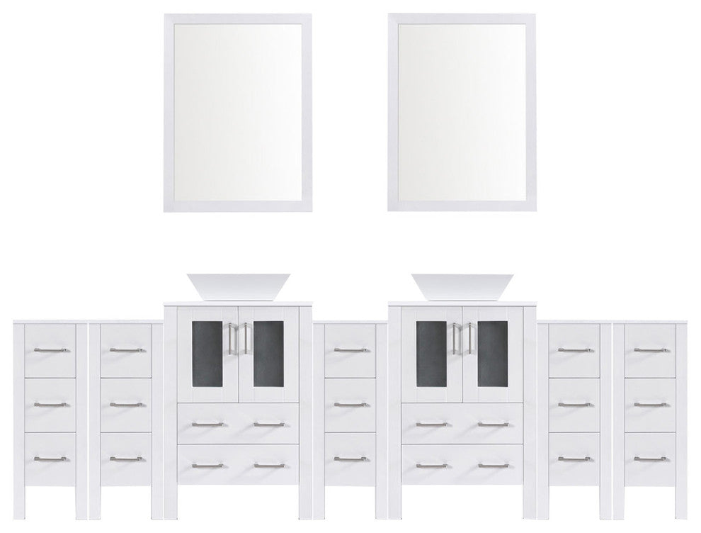 Modern Vanity Set With Two Sink Bases With Mirrors and Five Drawer Bases, White,