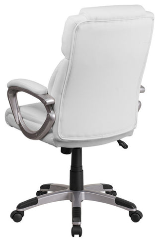 Mid-Back White Leather Executive Swivel Chair With Padded Arms