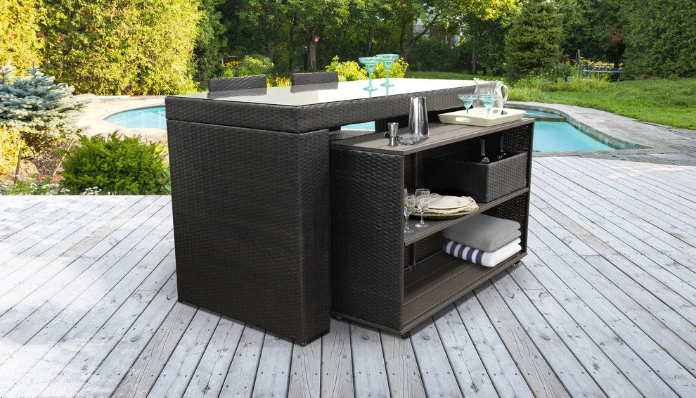 Belle Bar Table Set with Cart, 5 Piece Outdoor Wicker Patio Furniture Espresso
