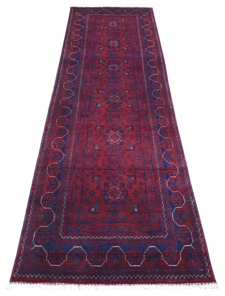 Red Geometric Design Hand Knotted Afghan Khamyab Pure Wool Runner Rug, 2'8"x9'6"