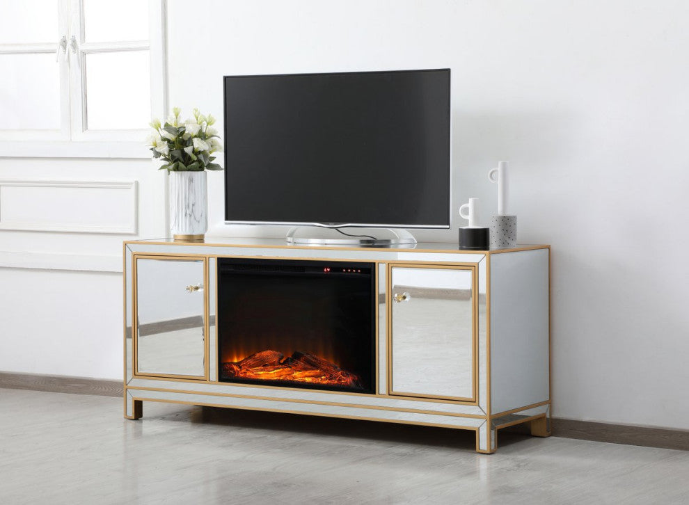 Rosie 60" Mirrored TV Stand With Wood Fireplace, Gold