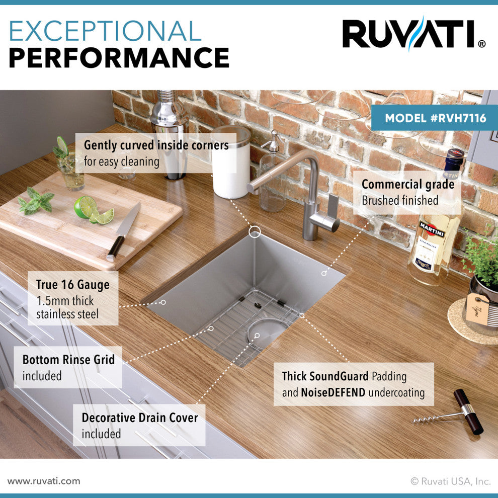 Ruvati RVH7116 16x18" Undermount Bar Prep Tight Raduis Kitchen Sink