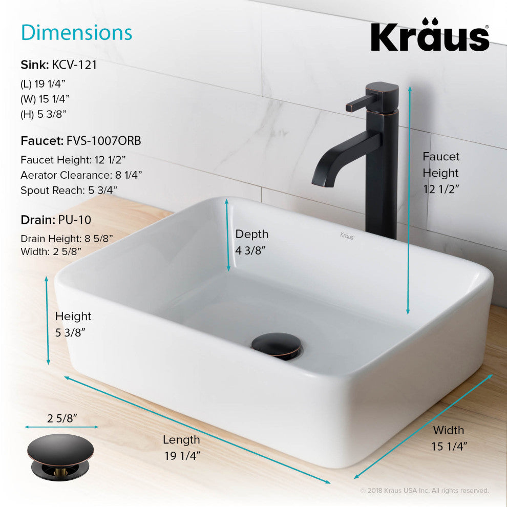 Elavo Square Ceramic Vessel Sink, Bathroom Ramus Faucet, PU Drain, Oil Rubbed Bronze