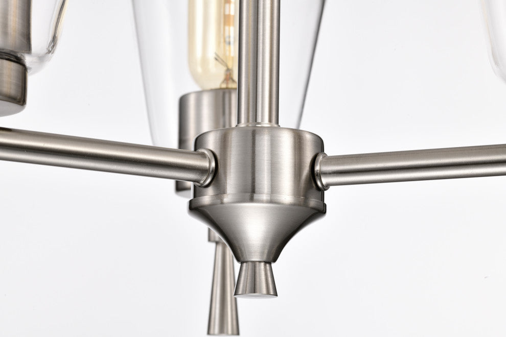 3-Light Brushed Nickel Modern Chandelier With Clear Cone Glass Shades