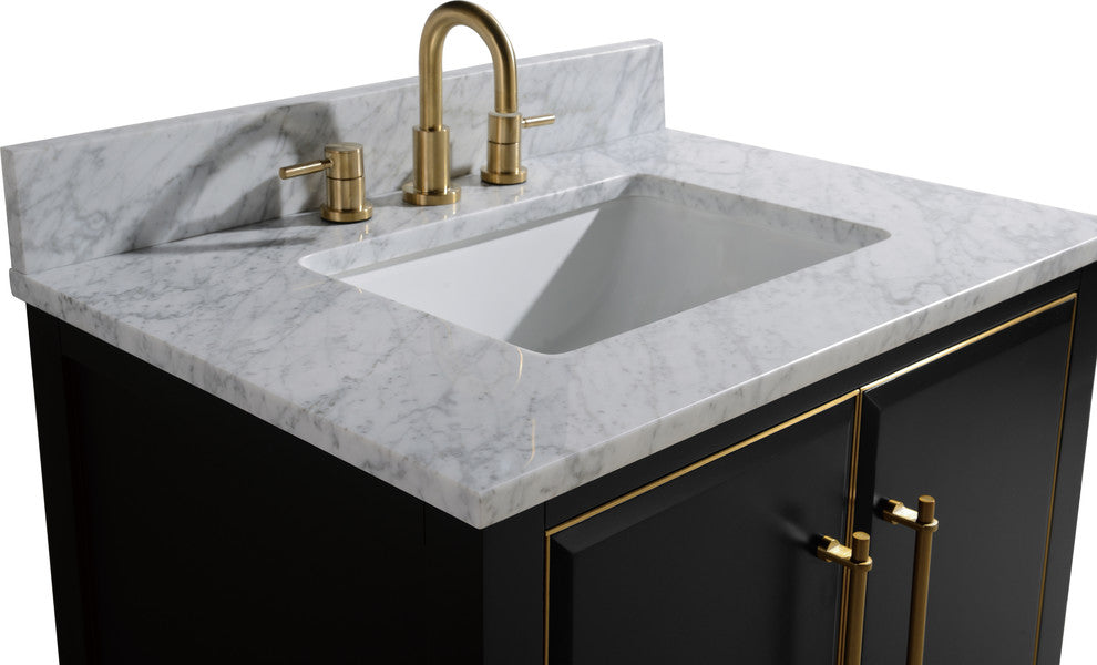 Mason 31" Vanity Combo, Black, Matte Gold Hardware / Natural 1" Carrara White Marble Countertop and Backsplash