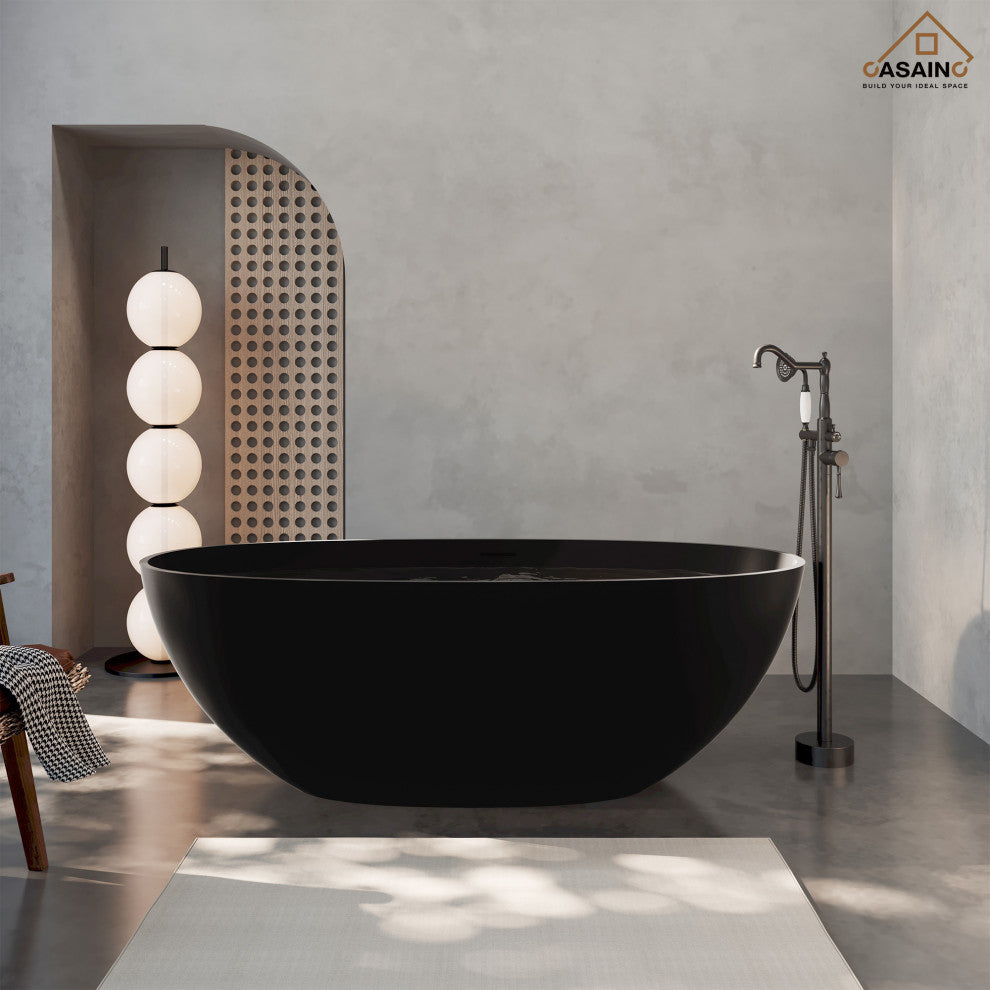 65in Solid Surface Freestanding Bathtub in Matte Black, Matte Black