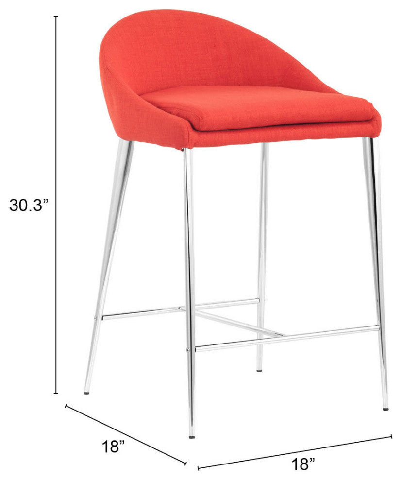 Counter Stool Chair, Set of 2, Steel Metal, Fabric, Orange, Chrome, Mid Century