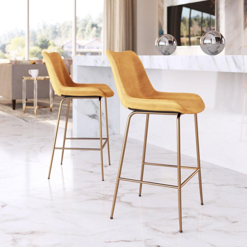 Counter Stool Chair, Steel Metal, Fabric, Yellow, Gold, Bar Kitchen Cafe Bistro