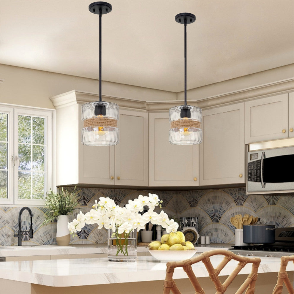 Kira Home Sage 10" Modern Pendant Light + Hammered Glass Shade, Textured Black
