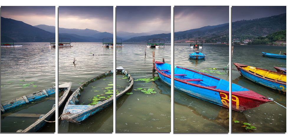 Boats near Pokhara Lake, Boat Canvas Art Print, 60"x28", 5 Panels