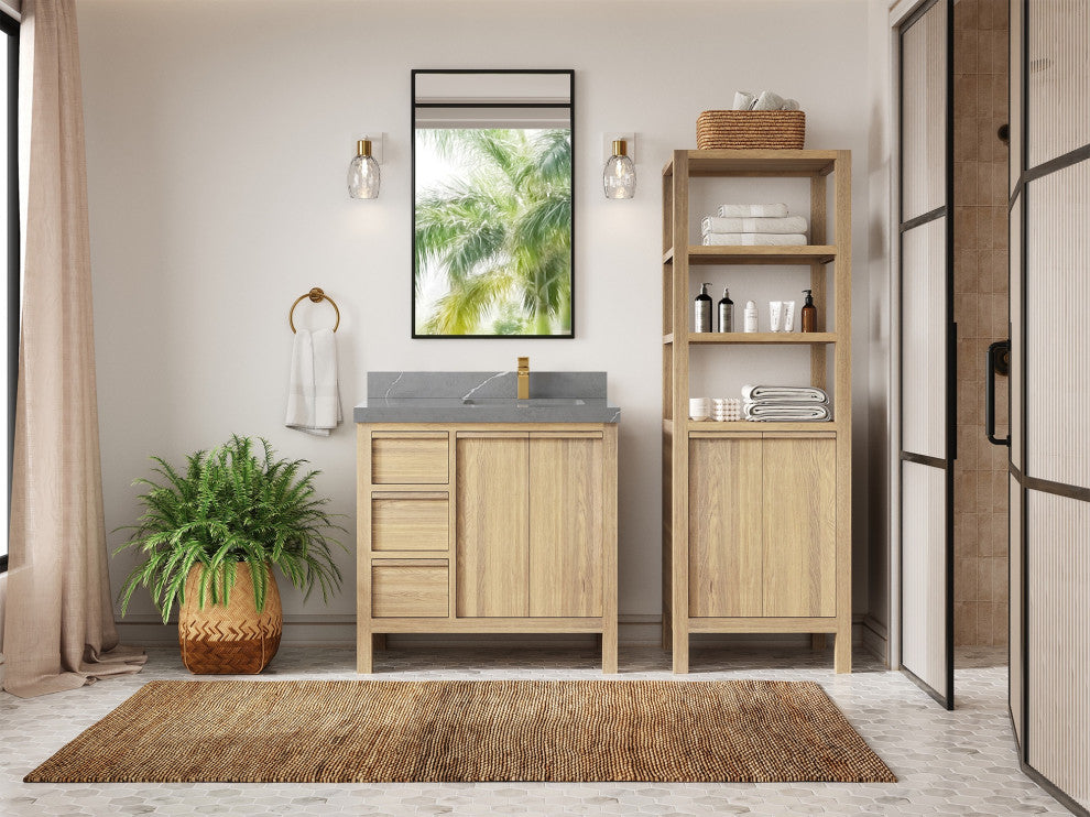 Elizabeth Oak 36" Right Offset Sink Vanity, White 2" Piatra Gray