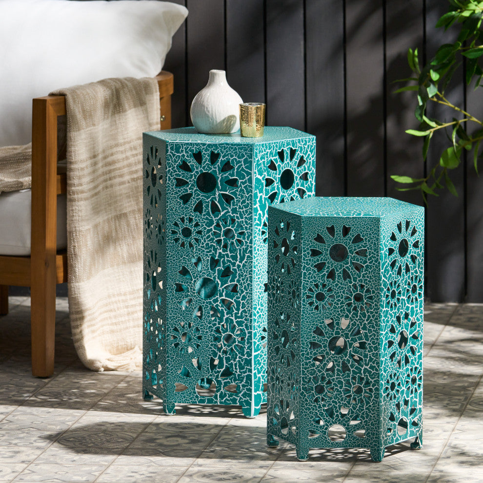 GDF Studio 2-Piece Elliot Outdoor Sunburst Iron Side Table Set, Crackle Teal