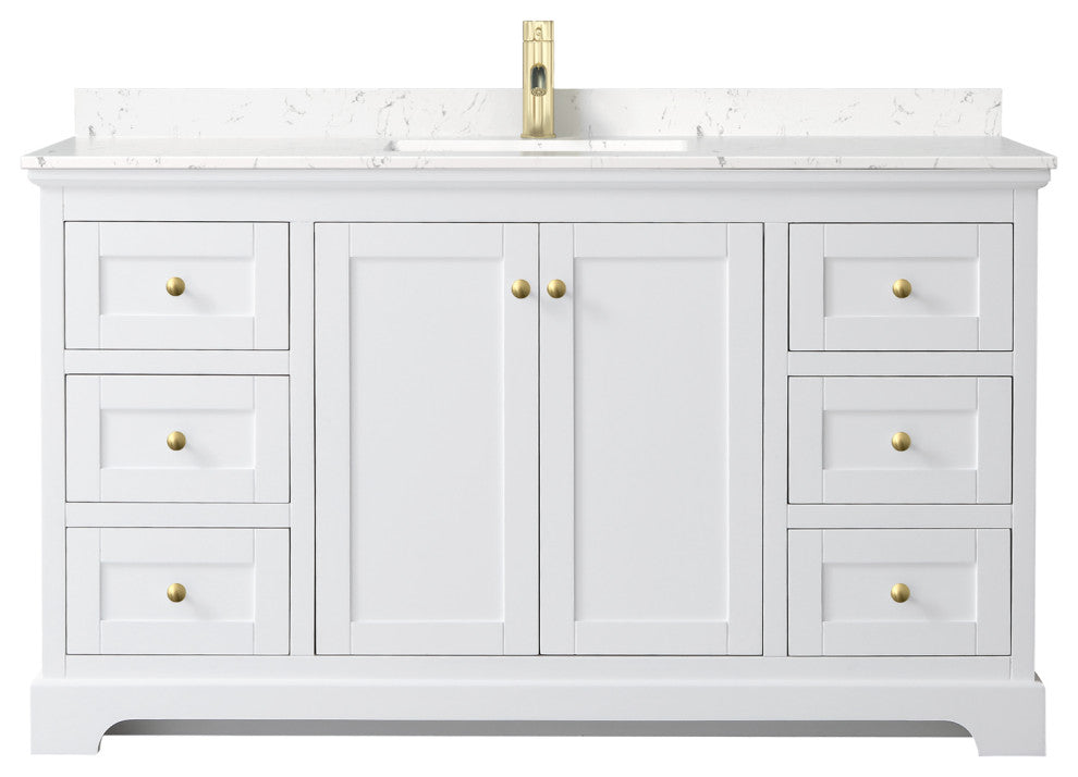 60" Single Vanity White, Light-Vein Carrara Cult Marble Counter, Sink, Gold Trim