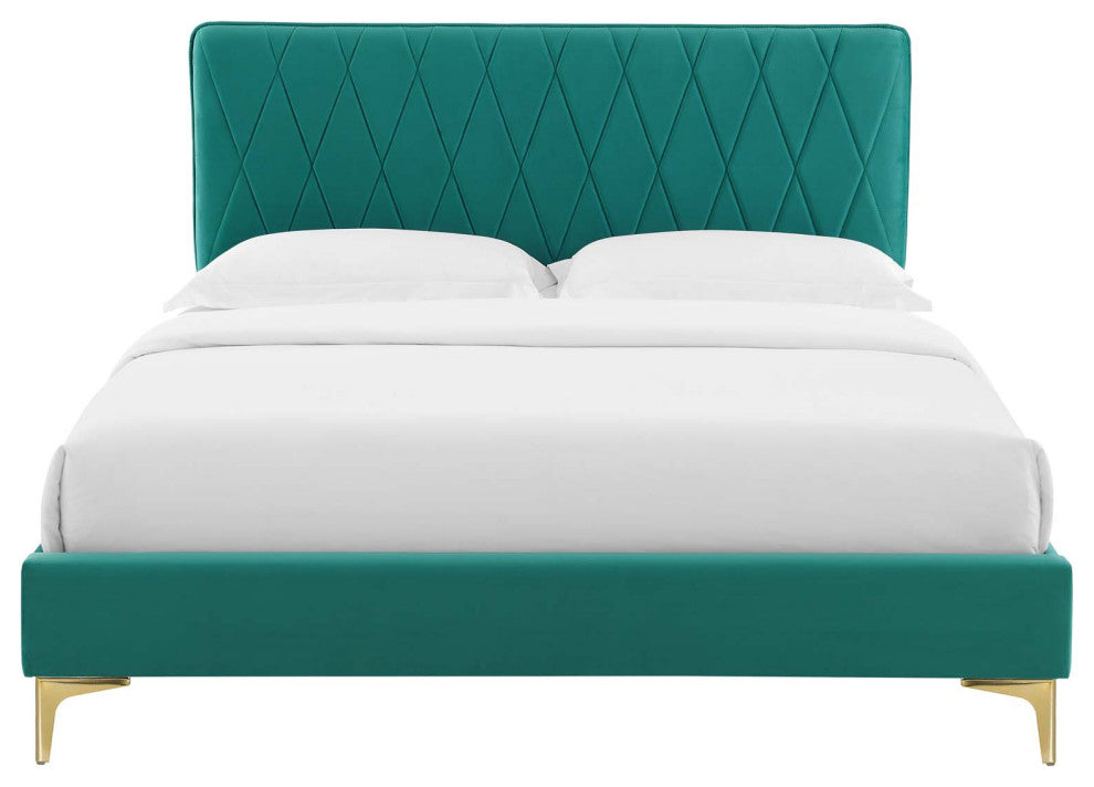 Platform Bed Frame, King Size, Velvet, Teal Blue, Modern Contemporary, Bedroom