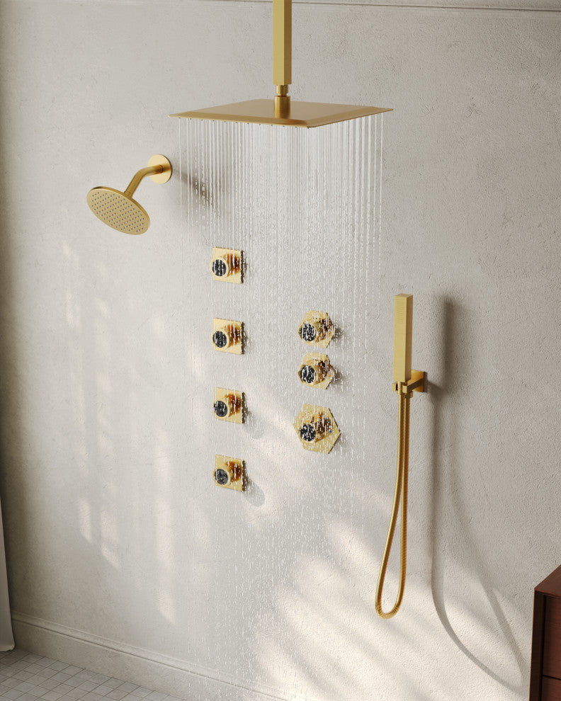 Themostatic Shower System 12" High-Pressure Dual Heads, Brushed Gold