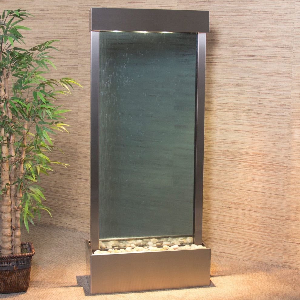 Harmony River Center Mount Water Fountain, Blue Glass, Stainless Steel, Lit Hood