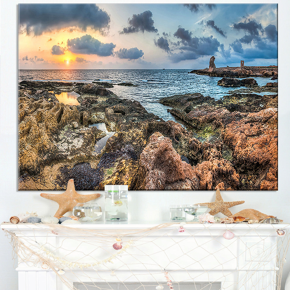 "Rocky Blue Seashore Sunset" Seashore Canvas Art, 60"x28", 1 Panel