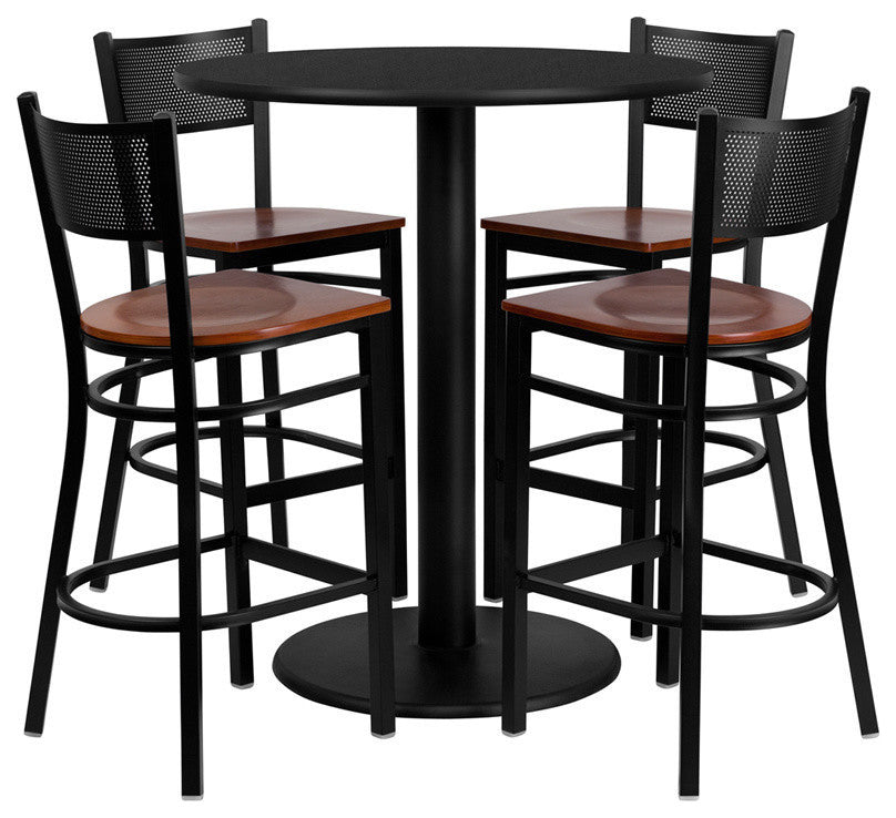 36'' Round Black Dining Laminate Table Set, 4 Grid Back Metal Barstools
