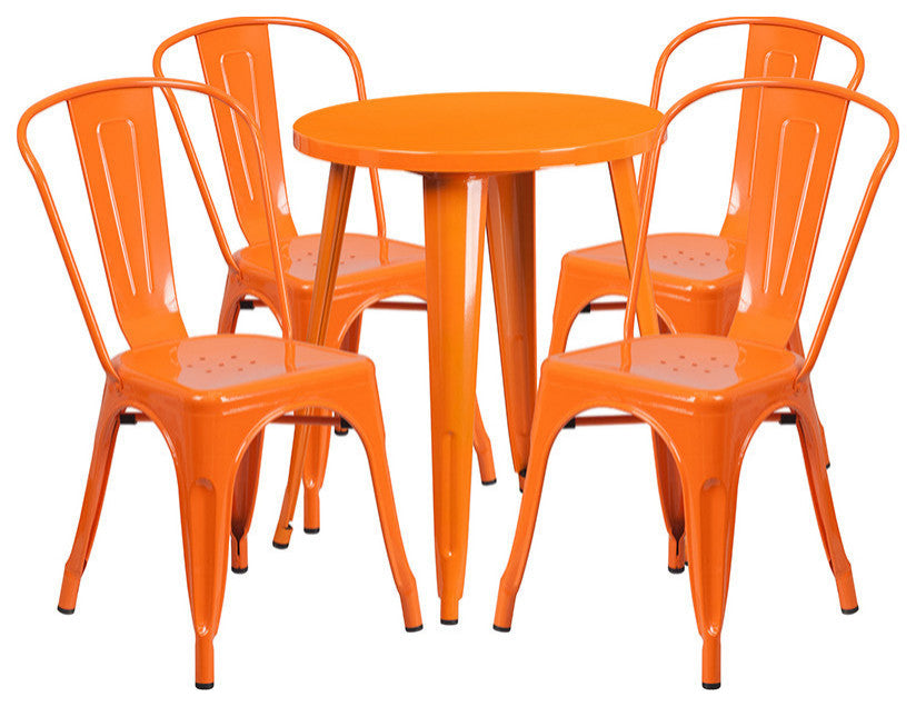 24" Round Orange Metal Indoor-Outdoor 5-Piece Table Set With 4 Cafe Chairs