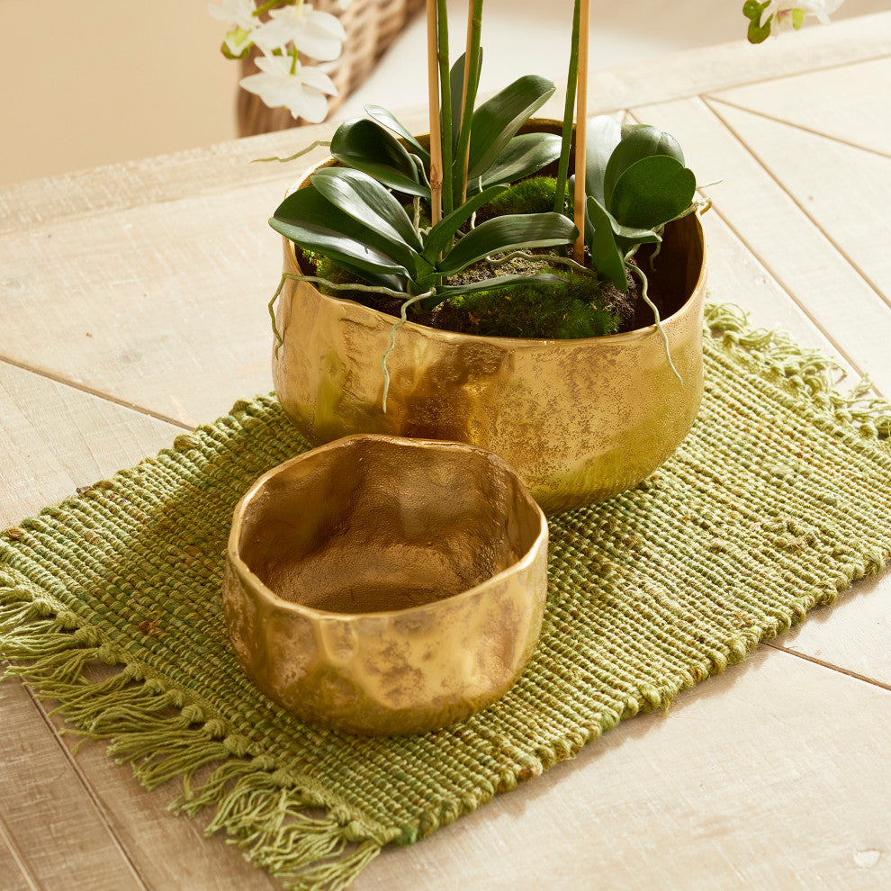 Set of 2 Elegant Free Form Textured Gold Planters Cachepots Round Organic Shape