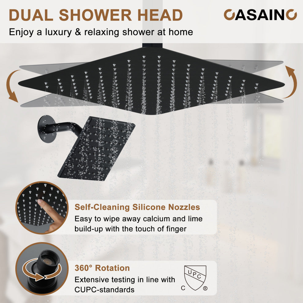 16inch Deluxe Showerhead Dual Shower Head System With Slide Bar and 6 Body Jets, Matte Black