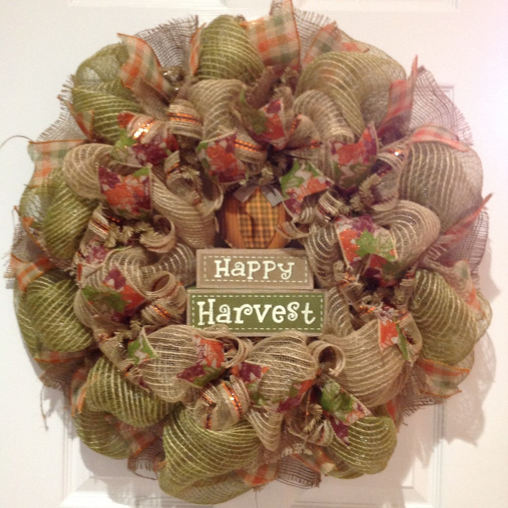 Happy Harvest Autumn Burlap Wreath Handmade Deco Mesh
